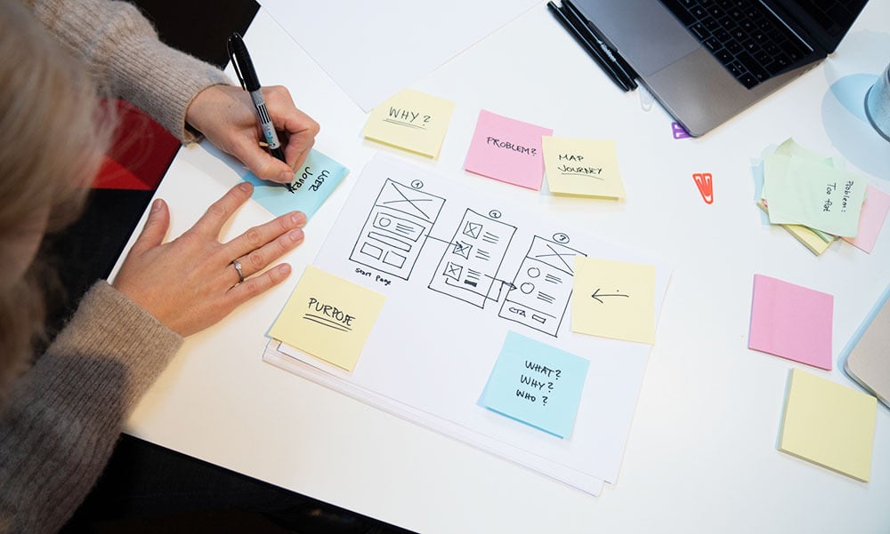 UX designer using post-its to map out and assess user needs 