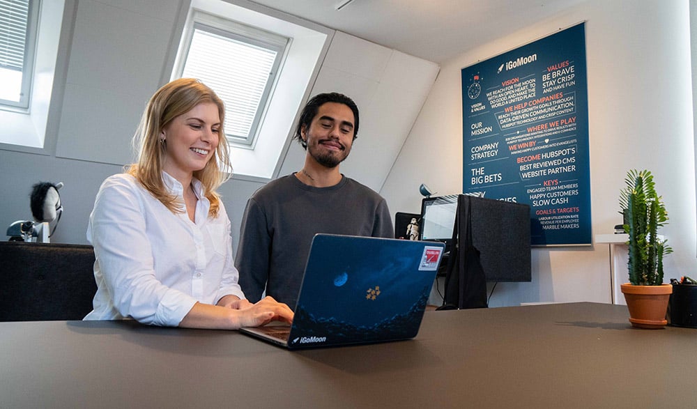 Manager and intern looking at work on laptop in iGoMoon office