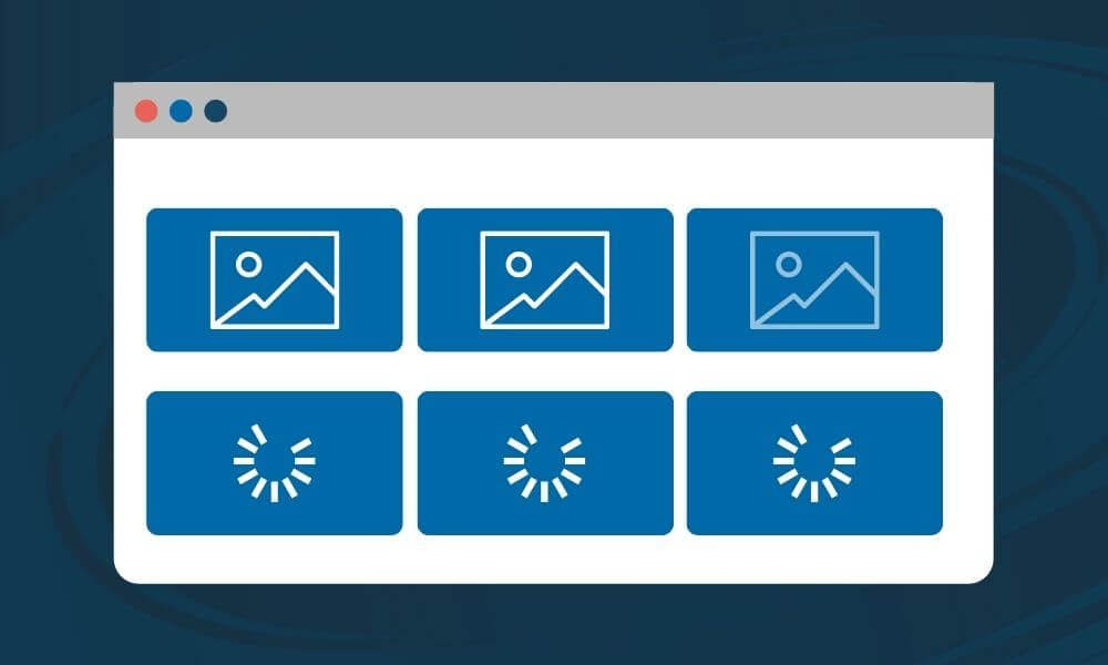 illustration of search engine results page with two rows of images, the top row has loaded and the bottom is buffering. 